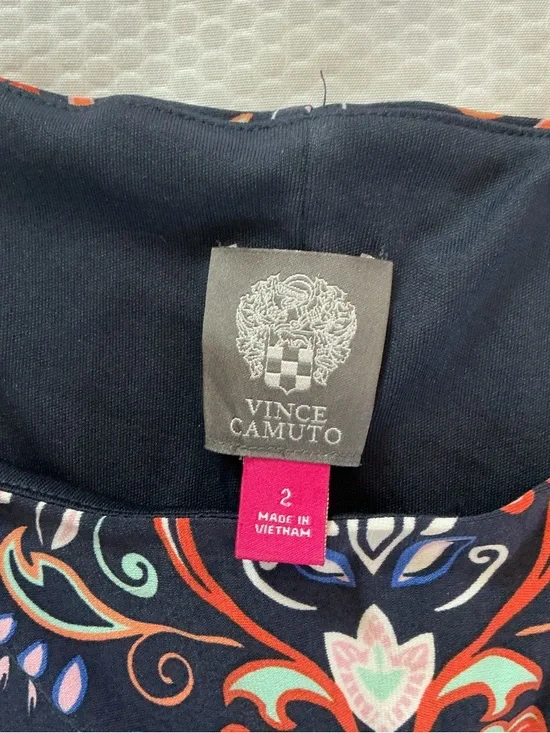 Patterned Navy Midi Dress with Coral and Blue Accents - Picture 2 of 5